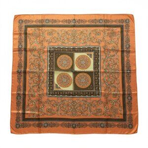 Luxury Square Satin Scarf With Ornate Floral Motif - Orange & Gold Border Design
